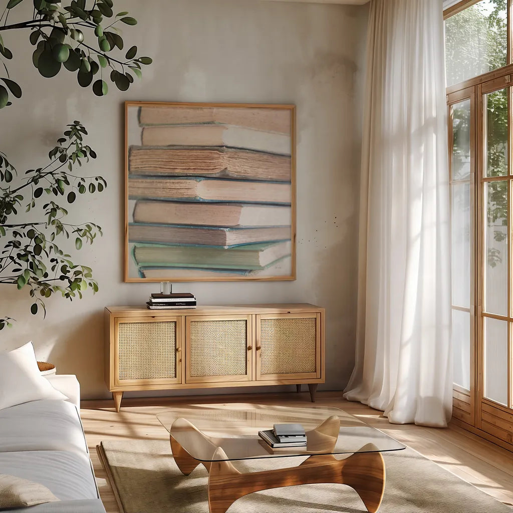 The Promise of Mystery by Deborah Revell. Shown in a natural wood frame in a cozy modern living room. Available as an archival giclee rolled canvas, fine art paper, or poster print. SKU 96923a.