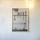 The Workshop I by Deborah Revell. shown as a paper print in a white frame. Available as a archival giclee rolled canvas, fine art paper, or poster print. SKU 96612h.