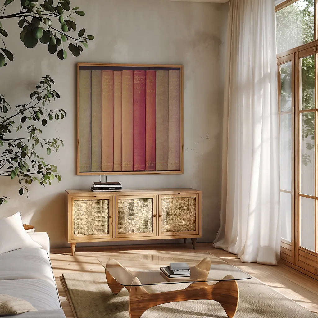 Tolstoy by Deborah Revell. Shown in a natural wood frame in a cozy modern living room. Available as an archival giclee rolled canvas, fine art paper, or poster print. SKU 96925a.