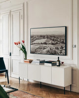 Tuscan Hills I by Deborah Revell. shown as a framed stretched canvas in a living room above a console. Available as a archival giclee rolled canvas, fine art paper, or poster print. SKU 102088i.
