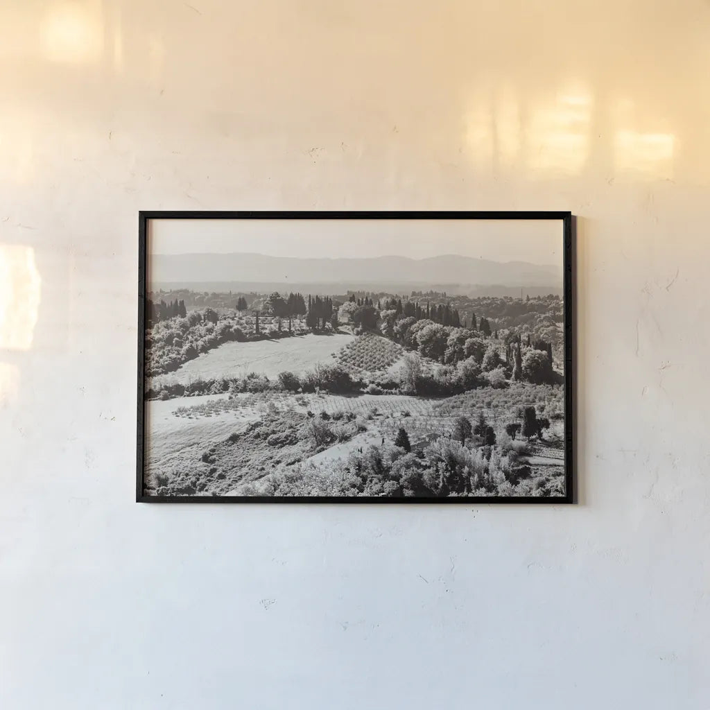 Tuscan Hills I by Deborah Revell. shown as a paper print in a black flame. Available as a archival giclee rolled canvas, fine art paper, or poster print. SKU 102088i.