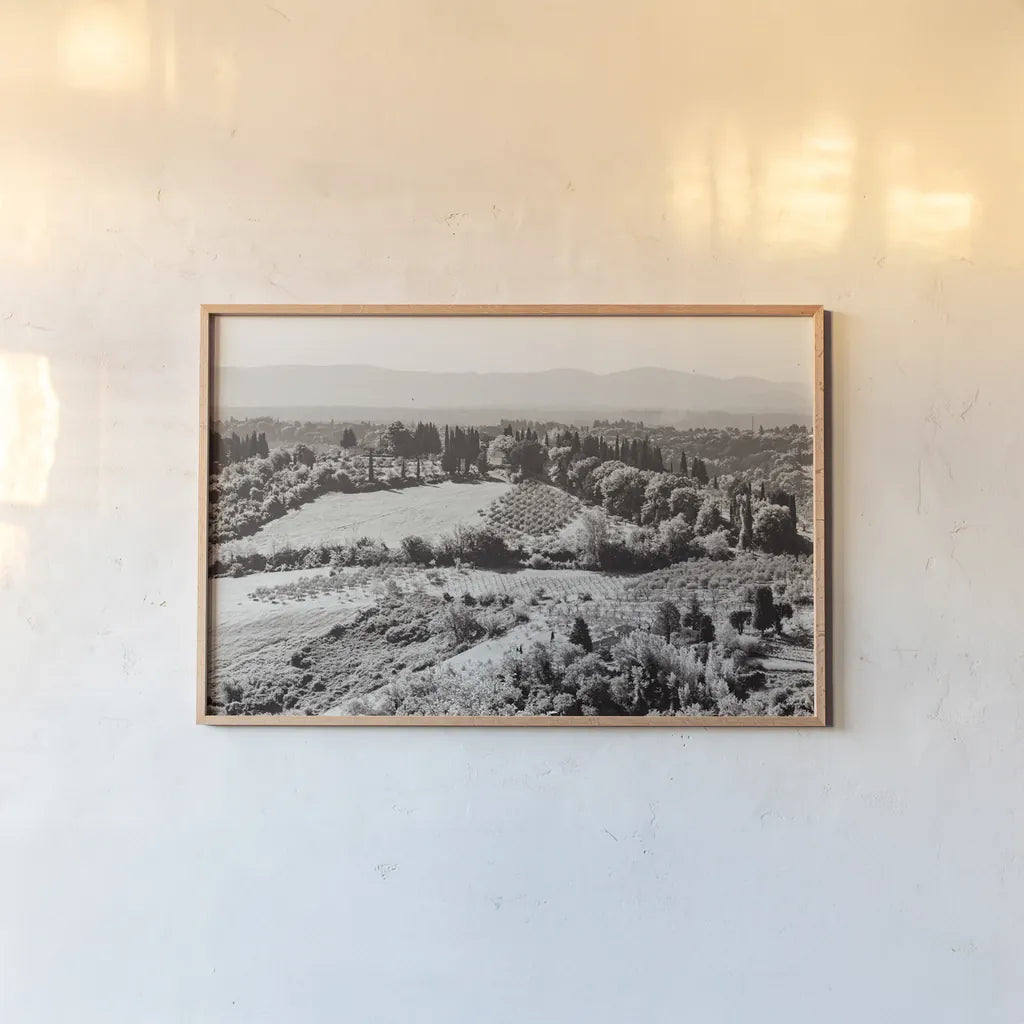 Tuscan Hills I by Deborah Revell. shown as a paper print in a natural frame. Available as a archival giclee rolled canvas, fine art paper, or poster print. SKU 102088i.