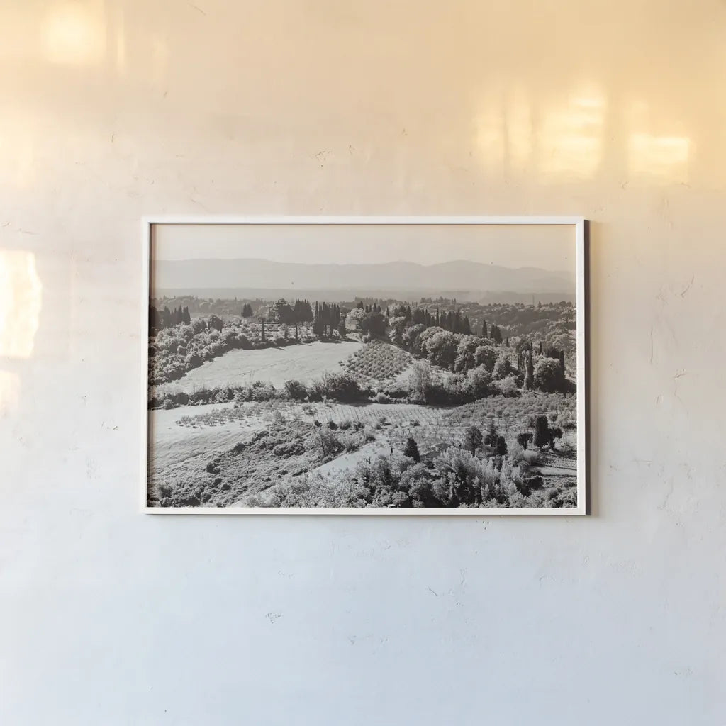 Tuscan Hills I by Deborah Revell. shown as a paper print in a white frame. Available as a archival giclee rolled canvas, fine art paper, or poster print. SKU 102088i.