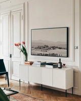 Tuscan Hills II by Deborah Revell. shown as a framed stretched canvas in a living room above a console. Available as a archival giclee rolled canvas, fine art paper, or poster print. SKU 102089i.