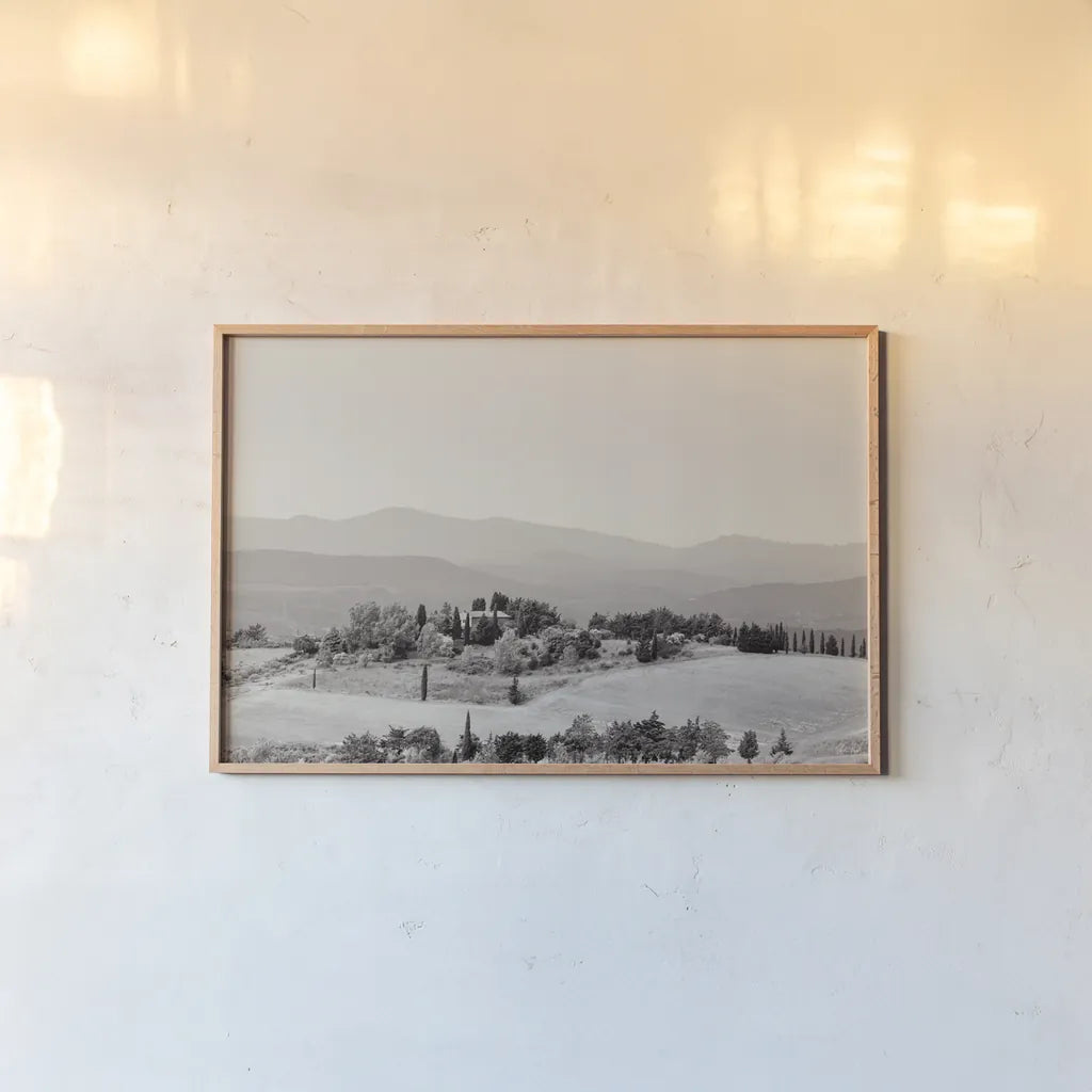 Tuscan Hills II by Deborah Revell. shown as a paper print in a natural frame. Available as a archival giclee rolled canvas, fine art paper, or poster print. SKU 102089i.