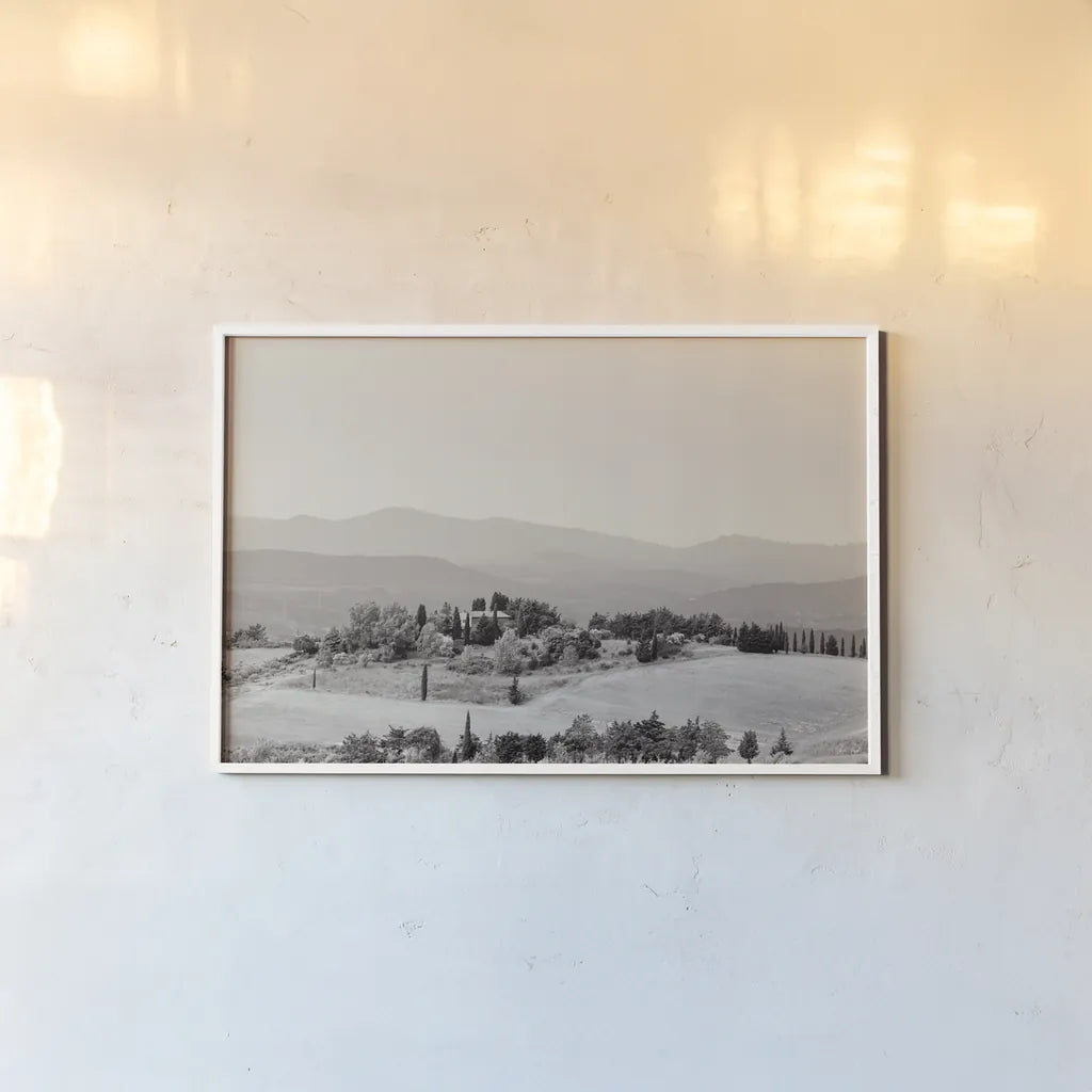 Tuscan Hills II by Deborah Revell. shown as a paper print in a white frame. Available as a archival giclee rolled canvas, fine art paper, or poster print. SKU 102089i.