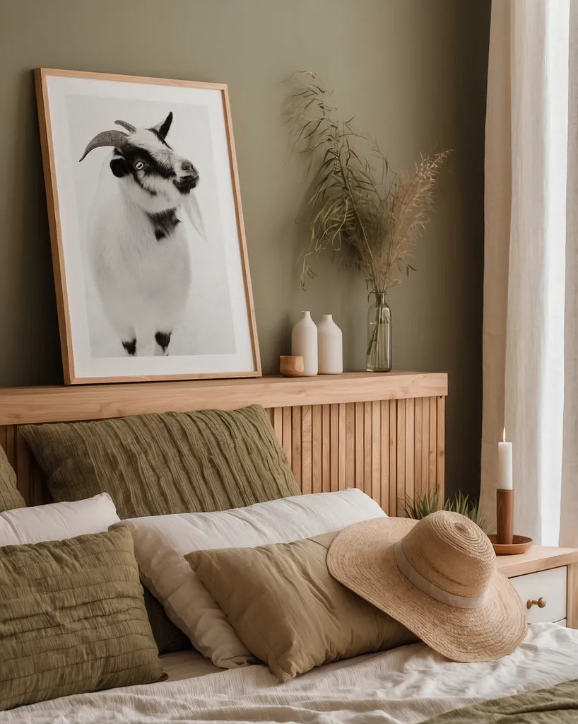 Two Little Goats I BW by Deborah Revell. shown as a paper print in a natural frame. Available as a archival giclee rolled canvas, fine art paper, or poster print. SKU 96310h.