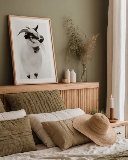 Two Little Goats I BW by Deborah Revell. shown as a paper print in a natural frame. Available as a archival giclee rolled canvas, fine art paper, or poster print. SKU 96310h.