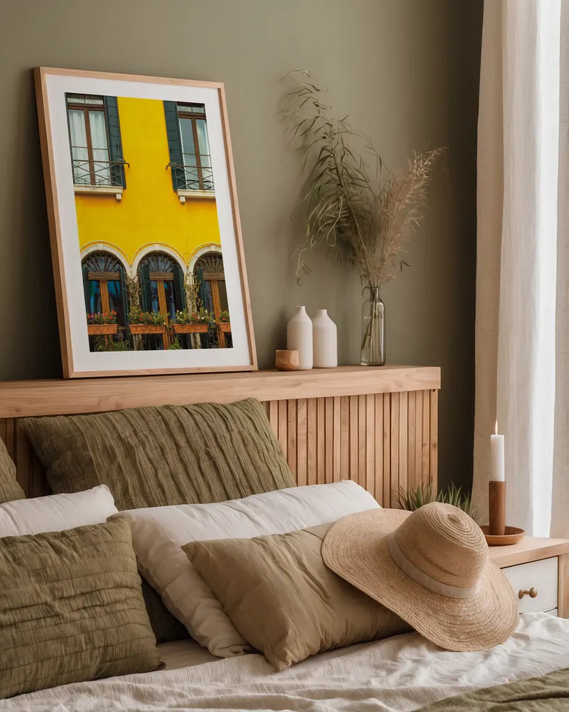 Venice Window by Deborah Revell. shown as a paper print in a natural frame. Available as a archival giclee rolled canvas, fine art paper, or poster print. SKU 95014h.