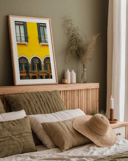Venice Window by Deborah Revell. shown as a paper print in a natural frame. Available as a archival giclee rolled canvas, fine art paper, or poster print. SKU 95014h.