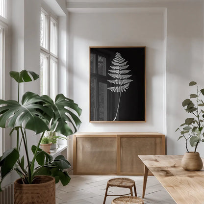 Vermont Fern by Deborah Revell. shown as a print in a natural wood frame in a dining room. Available as a archival giclee rolled canvas, fine art paper, or poster print. SKU 92204h.