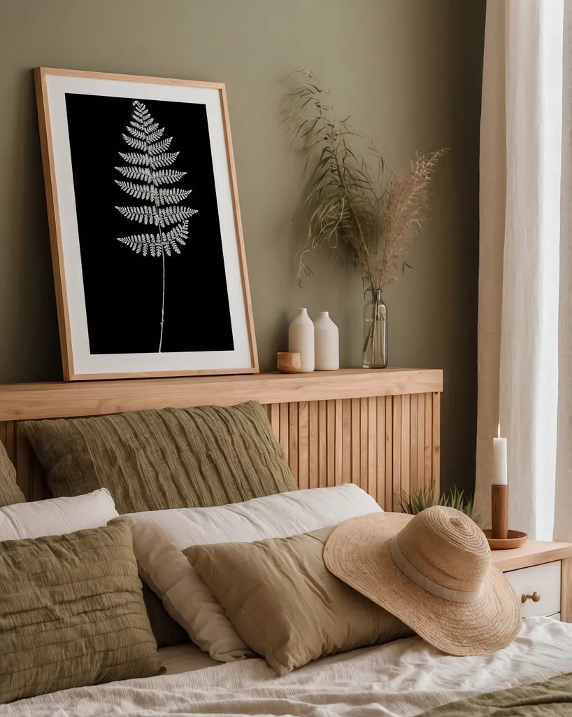 Vermont Fern by Deborah Revell. shown as a paper print in a natural frame. Available as a archival giclee rolled canvas, fine art paper, or poster print. SKU 92204h.