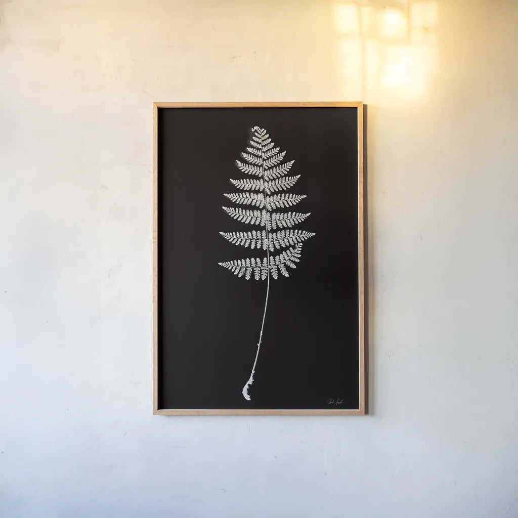 Vermont Fern by Deborah Revell. shown as a paper print in a natural frame. Available as a archival giclee rolled canvas, fine art paper, or poster print. SKU 92204h.