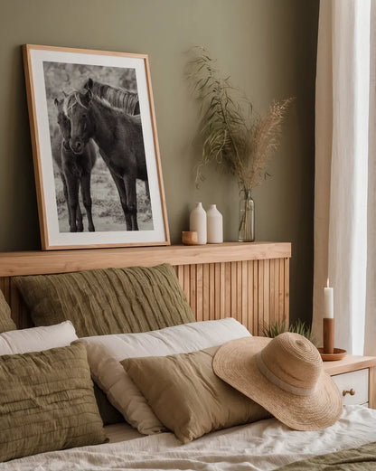 Vertical Ponies by Deborah Revell. shown as a paper print in a natural frame. Available as a archival giclee rolled canvas, fine art paper, or poster print. SKU 94288h.