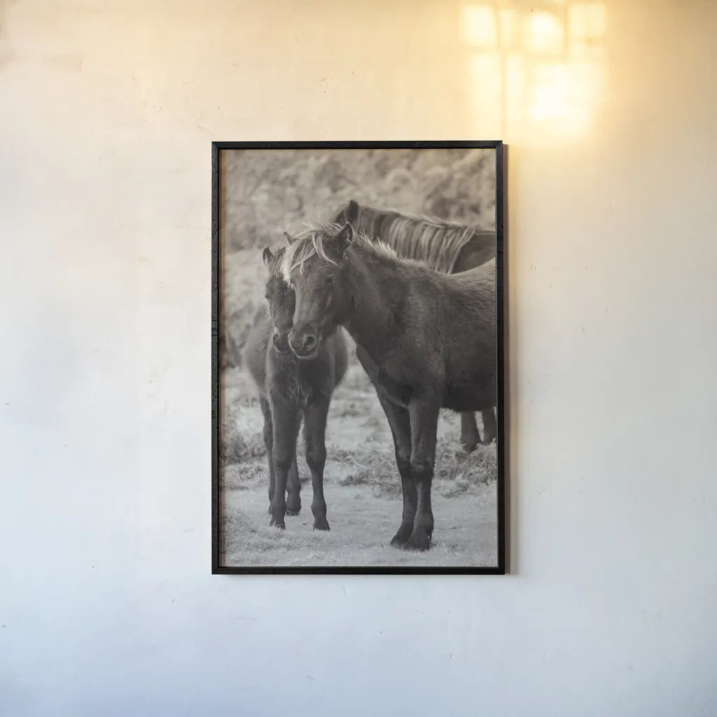 Vertical Ponies by Deborah Revell. shown as a paper print in a black flame. Available as a archival giclee rolled canvas, fine art paper, or poster print. SKU 94288h.