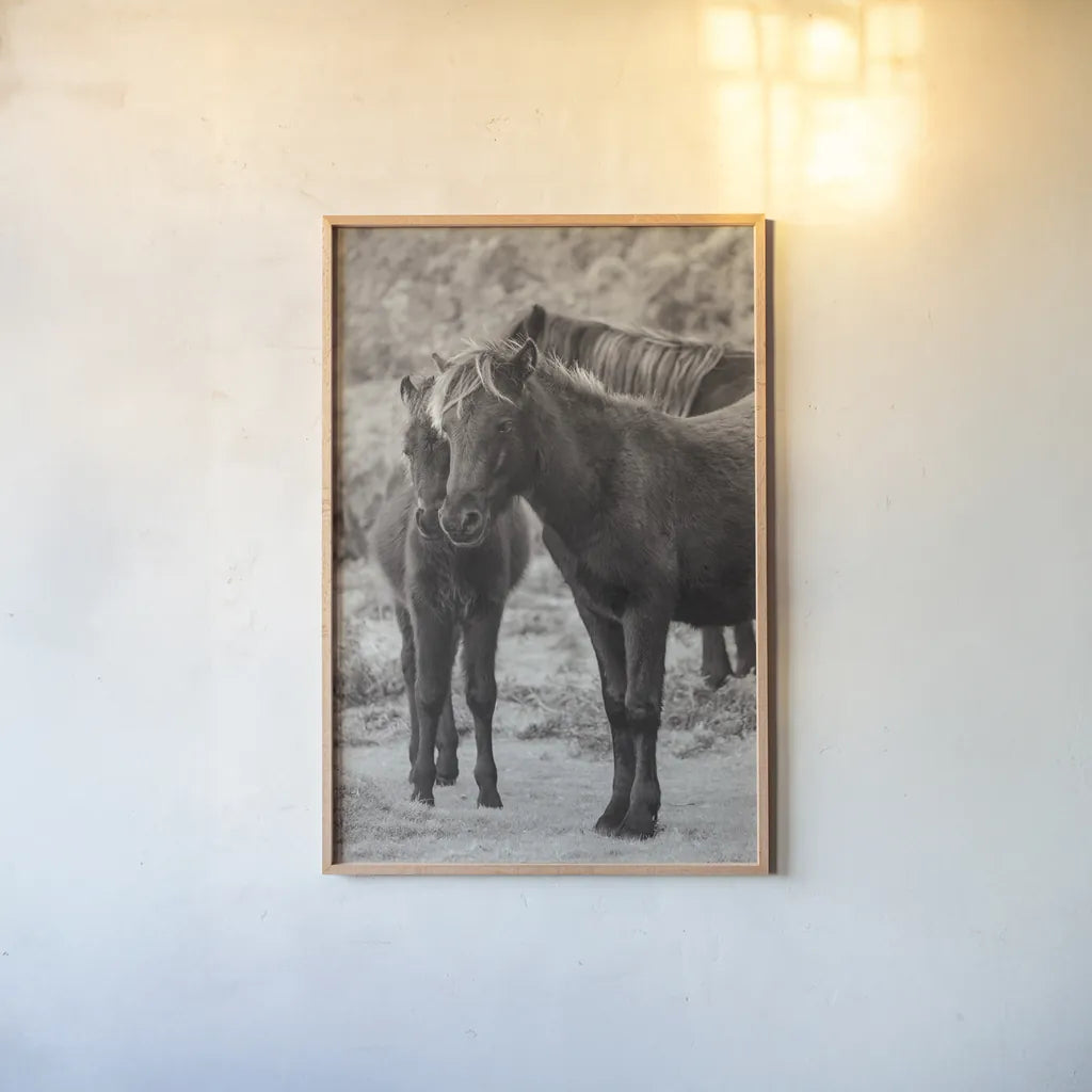 Vertical Ponies by Deborah Revell. shown as a paper print in a natural frame. Available as a archival giclee rolled canvas, fine art paper, or poster print. SKU 94288h.