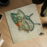 Vintage Aqua Butterfly by Deborah Revell. Shown as a detailed flat fine art print, highlighting archival giclee quality. Available as an archival giclee rolled canvas, fine art paper, or poster print. SKU 91129a.