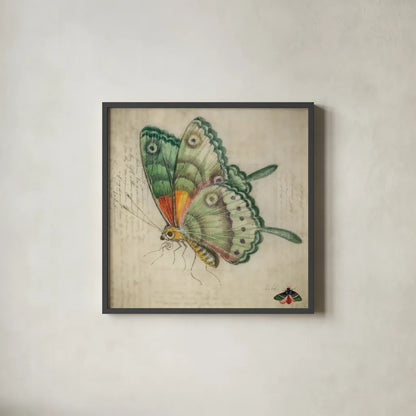 Vintage Aqua Butterfly by Deborah Revell. Shown in a sleek black glass frame for a contemporary gallery look. Available as an archival giclee rolled canvas, fine art paper, or poster print. SKU 91129a.