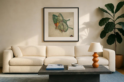 Vintage Aqua Butterfly by Deborah Revell. Displayed in a glass frame with matte in a clean modern living room. Available as an archival giclee rolled canvas, fine art paper, or poster print. SKU 91129a.