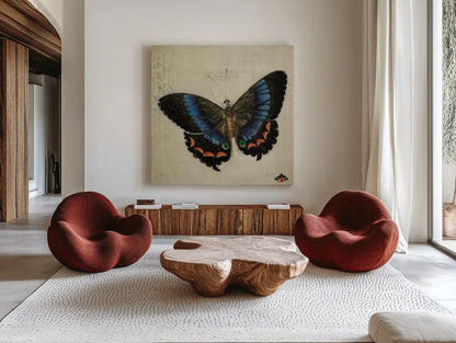 Vintage Blue Butterfly by Deborah Revell. Shown as extra-large giant wall art in a modern living room. Available as an archival giclee rolled canvas, fine art paper, or poster print. SKU 91130a.