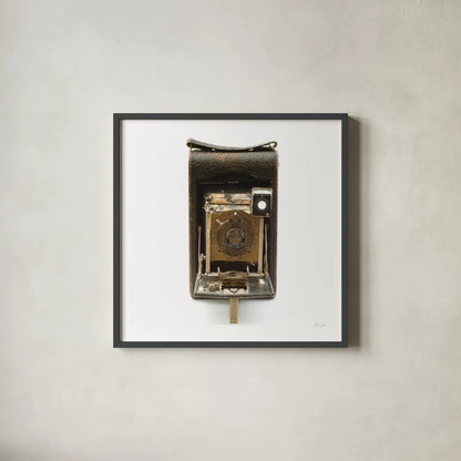 Vintage Camera by Deborah Revell. Shown in a sleek black glass frame for a contemporary gallery look. Available as an archival giclee rolled canvas, fine art paper, or poster print. SKU 92065a.