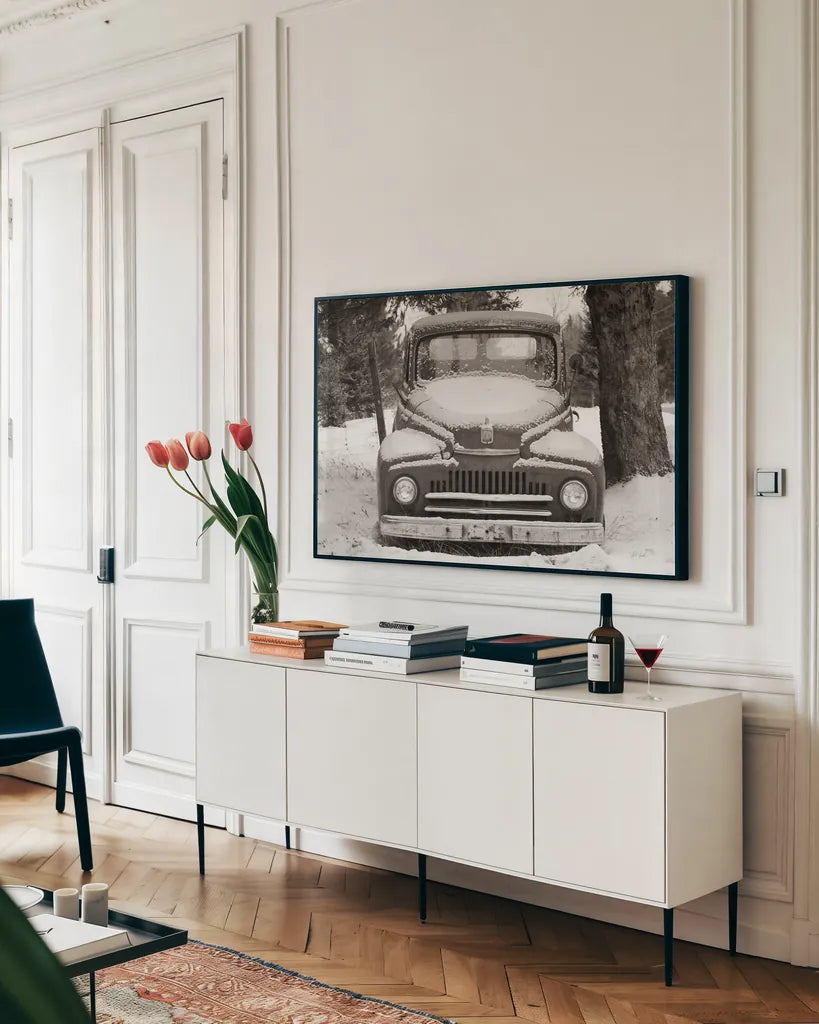 Vintage Car by Deborah Revell. shown as a framed stretched canvas in a living room above a console. Available as a archival giclee rolled canvas, fine art paper, or poster print. SKU 96616i.