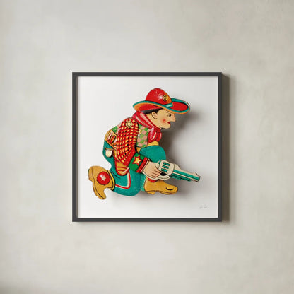 Vintage Cowboy I by Deborah Revell. Shown in a sleek black glass frame for a contemporary gallery look. Available as an archival giclee rolled canvas, fine art paper, or poster print. SKU 92676a.