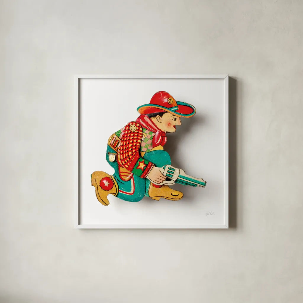 Vintage Cowboy I by Deborah Revell. Shown in a crisp white glass frame for a clean and minimalist style. Available as an archival giclee rolled canvas, fine art paper, or poster print. SKU 92676a.