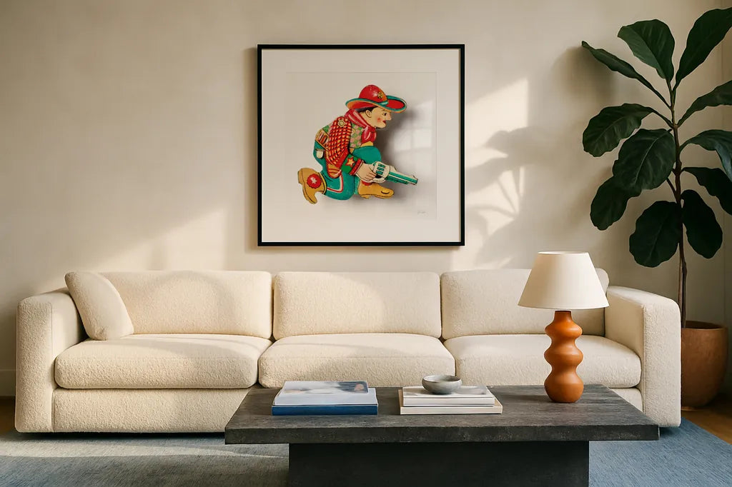 Vintage Cowboy I by Deborah Revell. Displayed in a glass frame with matte in a clean modern living room. Available as an archival giclee rolled canvas, fine art paper, or poster print. SKU 92676a.