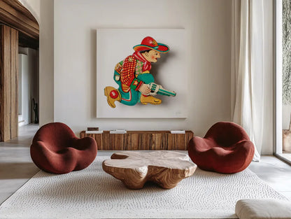 Vintage Cowboy I by Deborah Revell. Shown as extra-large giant wall art in a modern living room. Available as an archival giclee rolled canvas, fine art paper, or poster print. SKU 92676a.