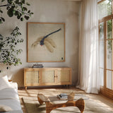 Vintage Dragonfly by Deborah Revell. Shown in a natural wood frame in a cozy modern living room. Available as an archival giclee rolled canvas, fine art paper, or poster print. SKU 91135a.