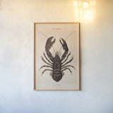 Vintage Lobster by Deborah Revell. shown as a paper print in a natural frame. Available as a archival giclee rolled canvas, fine art paper, or poster print. SKU 95172h.