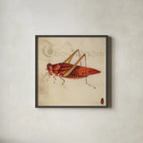 Vintage Red Grasshopper by Deborah Revell. Shown in a sleek black glass frame for a contemporary gallery look. Available as an archival giclee rolled canvas, fine art paper, or poster print. SKU 91137a.