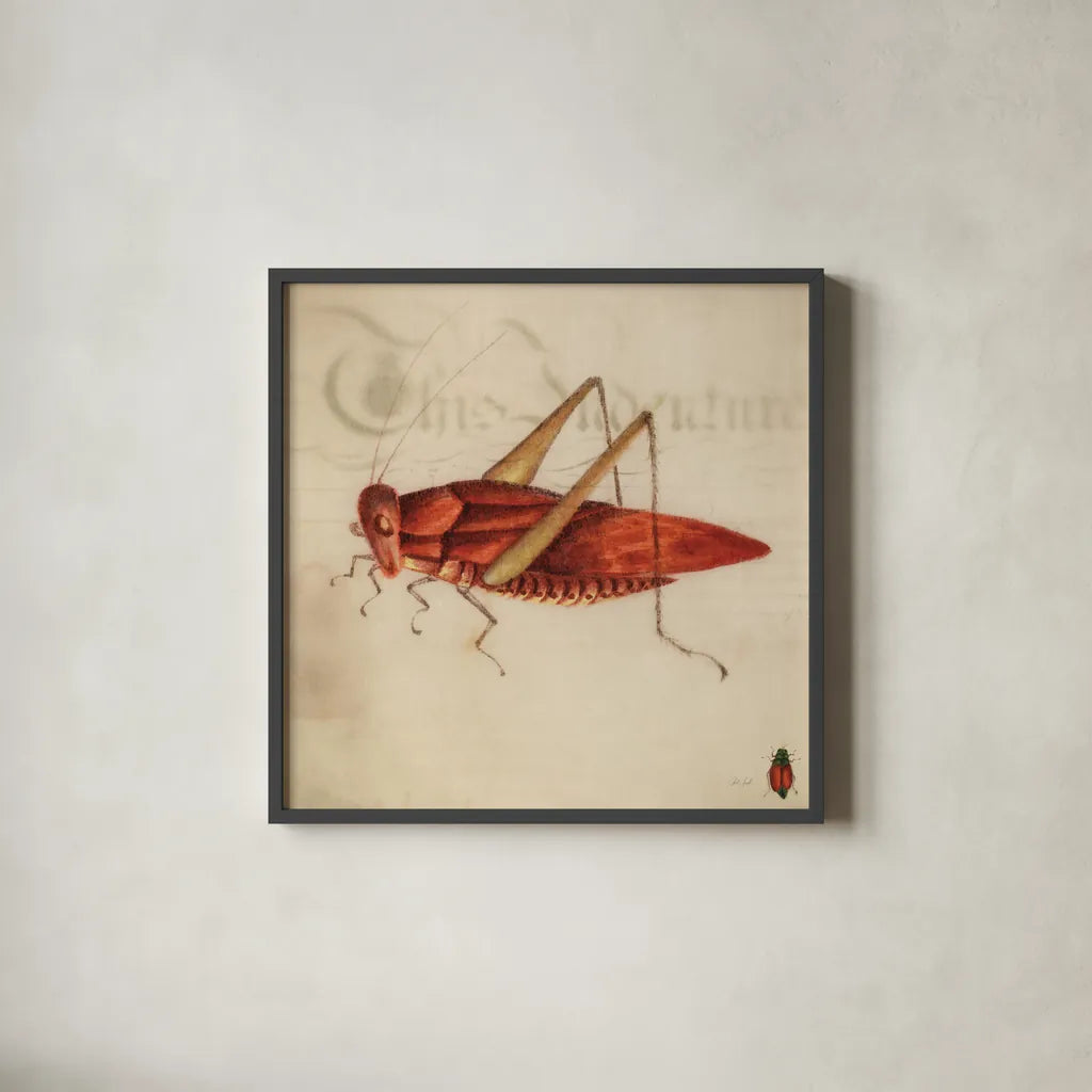 Vintage Red Grasshopper by Deborah Revell. Shown in a sleek black glass frame for a contemporary gallery look. Available as an archival giclee rolled canvas, fine art paper, or poster print. SKU 91137a.