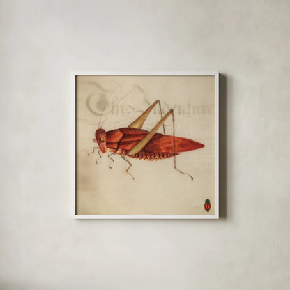 Vintage Red Grasshopper by Deborah Revell. Shown in a crisp white glass frame for a clean and minimalist style. Available as an archival giclee rolled canvas, fine art paper, or poster print. SKU 91137a.