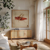 Vintage Red Grasshopper by Deborah Revell. Shown in a natural wood frame in a cozy modern living room. Available as an archival giclee rolled canvas, fine art paper, or poster print. SKU 91137a.