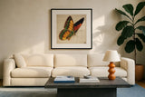 Vintage Yellow Butterfly by Deborah Revell. Displayed in a glass frame with matte in a clean modern living room. Available as an archival giclee rolled canvas, fine art paper, or poster print. SKU 91128a.
