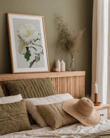 White Rose I by Deborah Revell. shown as a paper print in a natural frame. Available as a archival giclee rolled canvas, fine art paper, or poster print. SKU 92609h.