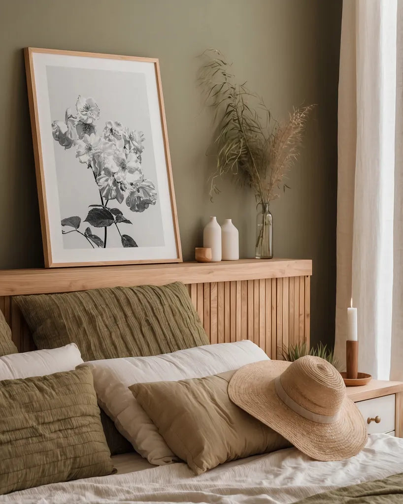 White Rose II BW by Deborah Revell. shown as a paper print in a natural frame. Available as a archival giclee rolled canvas, fine art paper, or poster print. SKU 92613h.