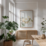 White Rose III by Deborah Revell. shown as a print in a natural wood frame in a dining room. Available as a archival giclee rolled canvas, fine art paper, or poster print. SKU 92611h.