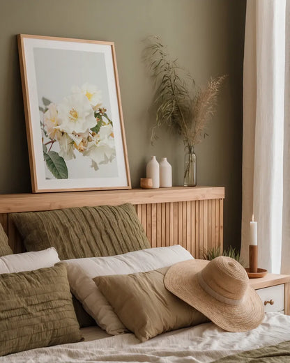 White Rose III by Deborah Revell. shown as a paper print in a natural frame. Available as a archival giclee rolled canvas, fine art paper, or poster print. SKU 92611h.