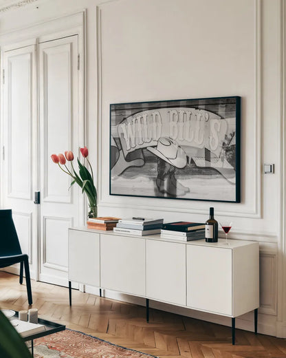 Wild Bills by Deborah Revell. shown as a framed stretched canvas in a living room above a console. Available as a archival giclee rolled canvas, fine art paper, or poster print. SKU 94135i.