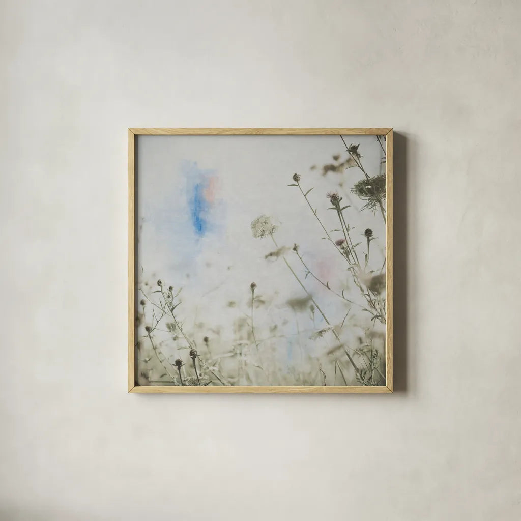 Wild Flowers II by Deborah Revell. Shown in a natural wood glass frame for a timeless modern aesthetic. Available as an archival giclee rolled canvas, fine art paper, or poster print. SKU 91253a.