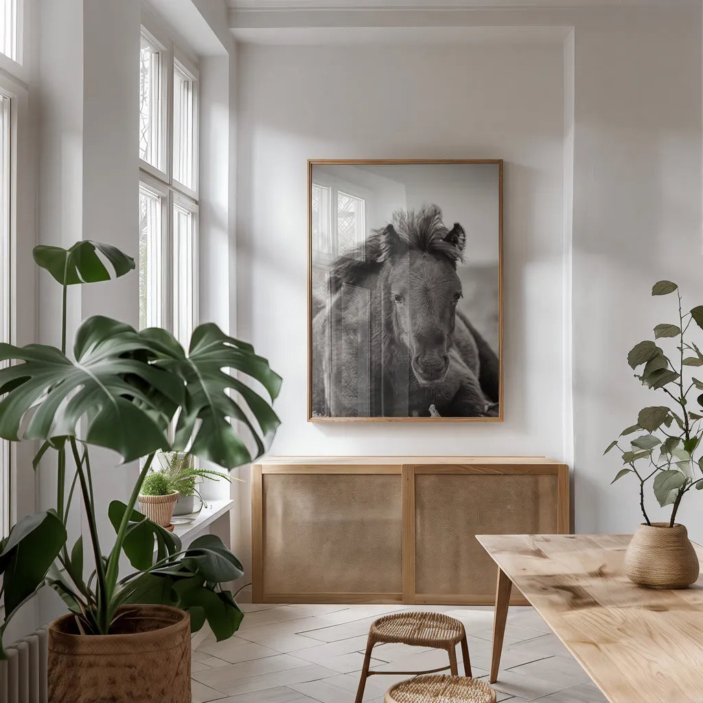 Wild Foal by Deborah Revell. shown as a print in a natural wood frame in a dining room. Available as a archival giclee rolled canvas, fine art paper, or poster print. SKU 94290h.