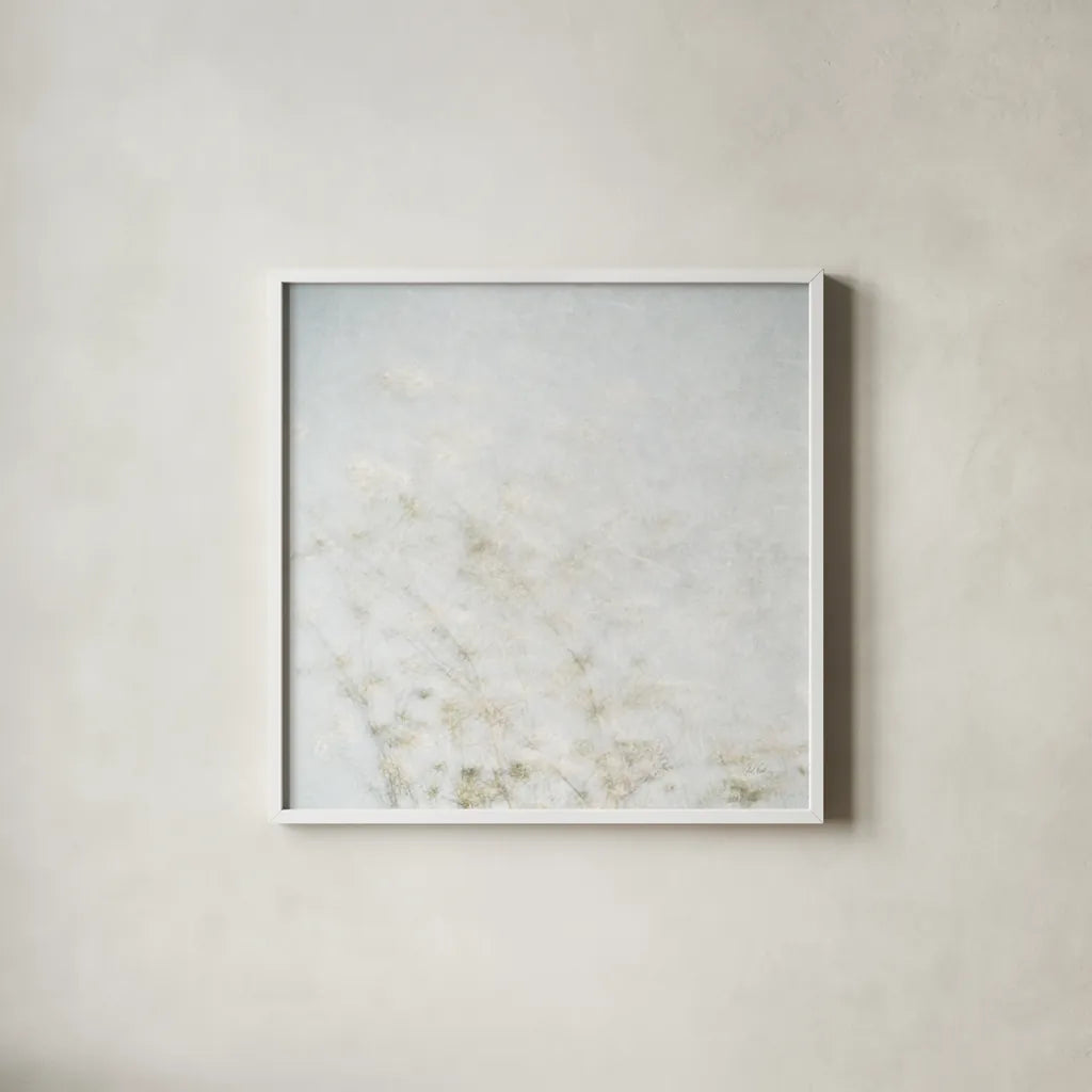 Wild Grass Impressions by Deborah Revell. Shown in a crisp white glass frame for a clean and minimalist style. Available as an archival giclee rolled canvas, fine art paper, or poster print. SKU 98514a.