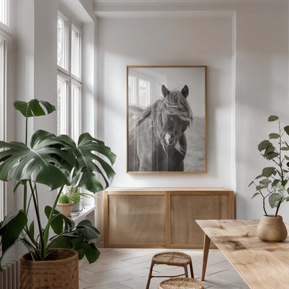 Wild Pony by Deborah Revell. shown as a print in a natural wood frame in a dining room. Available as a archival giclee rolled canvas, fine art paper, or poster print. SKU 94291h.
