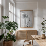 Wonderful Wildflowers I Neutral by Deborah Revell. shown as a print in a natural wood frame in a dining room. Available as a archival giclee rolled canvas, fine art paper, or poster print. SKU 93945h.