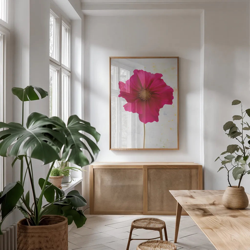 Wonderful Wildflowers II by Deborah Revell. shown as a print in a natural wood frame in a dining room. Available as a archival giclee rolled canvas, fine art paper, or poster print. SKU 93929h.