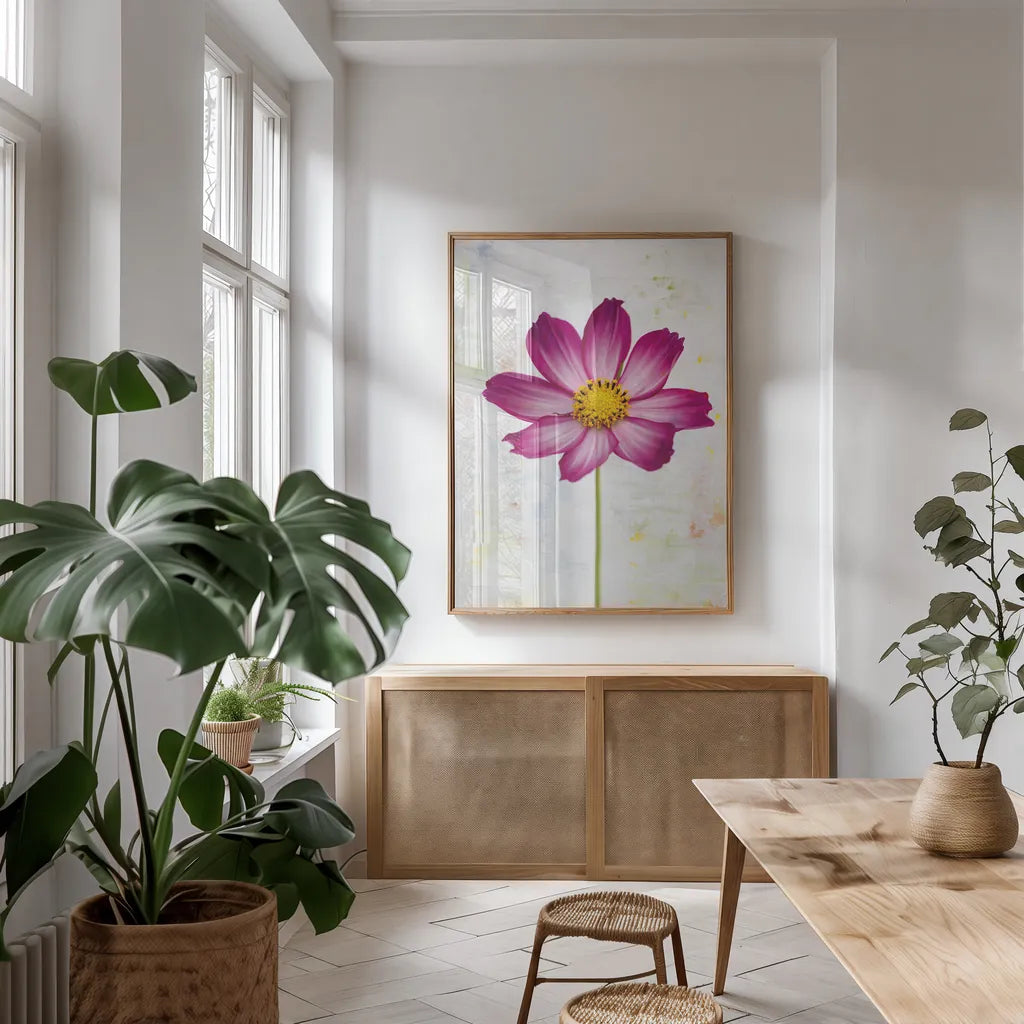 Wonderful Wildflowers IV by Deborah Revell. shown as a print in a natural wood frame in a dining room. Available as a archival giclee rolled canvas, fine art paper, or poster print. SKU 93931h.
