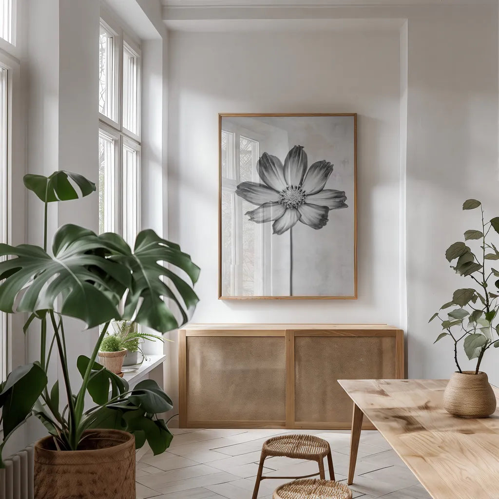 Wonderful Wildflowers IV Neutral by Deborah Revell. shown as a print in a natural wood frame in a dining room. Available as a archival giclee rolled canvas, fine art paper, or poster print. SKU 93948h.